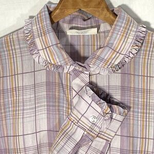 Vintage SHIRT ACCENT Plaid Button Front Ruffles Long Sleeve Womens 34 S Purple